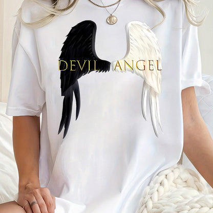 1pc Angel & Devil Wings Graphic Print T-Shirt for Women, Casual Crew Neck Short Sleeve Tee, Polyester Knit Fabric with Medium Stretch, All-Season Fashion Top