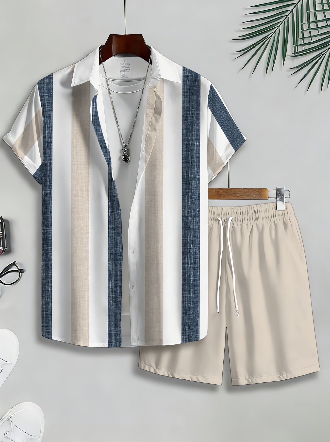 Men's Casual Summer Set: Striped Shirt & Printed Beach Shorts
