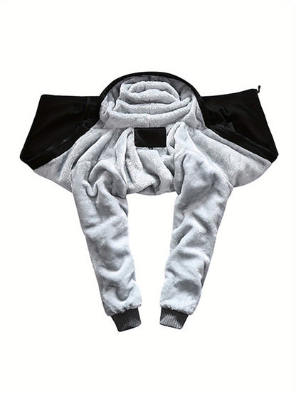 Color Block Sherpa Lined Men's Hooded Jacket, Casual Long Sleeve Hoodies With Zipper, Gym Sports Hooded Coat For Winter Fall
