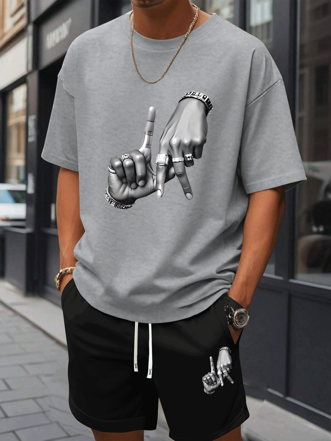 New Summer Men's Printed 2pcs Fashion Casual Suit, Round Neck Short Sleeve T-shirt and Waistband Shorts Set