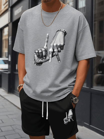 New Summer Men's Printed 2pcs Fashion Casual Suit, Round Neck Short Sleeve T-shirt and Waistband Shorts Set