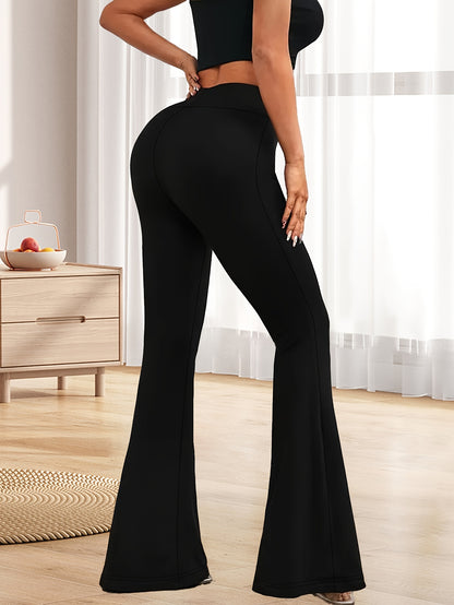 High-Waisted Flared Leggings for Women - Stretchy Black Polyester Pants with Tummy Control, Slimming Fit, and Breathable Design for Spring/Summer/Fall Casual Wear, Spring Summer Leggings | Fitted Leggings | Elastic Waistband