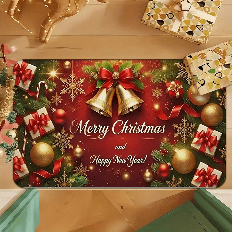 1pc Christmas & New Year Welcome Mat with Merry Christmas & Happy New Year Greeting, Red/Golden/Green Holiday Design, Non-Slip Backing, Heavy-Duty 600g/m² Polyester, Machine Washable Indoor/Outdoor Door Mat with Pine Branche