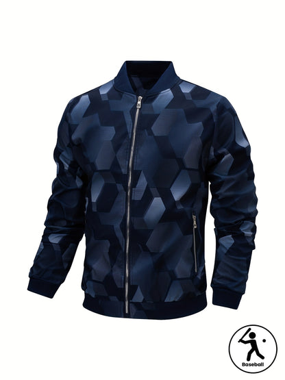 Men'S Camo Baseball Jacket - Full-Body Print Outdoor Sports Coat with Zipper Closure, Regular Fit Casual Preppy Style, Polyester Lining & Non-Stretch Fabric for Spring & Year-Round Wear, Durable Fabric Coat, Active Lifestyle,