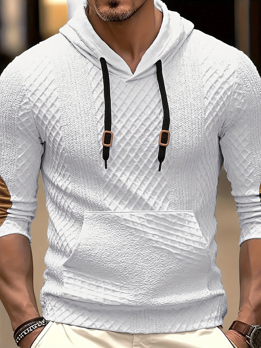 Տղամարդկանց նորաձև վերնաշապիկ աշնանային և ձմեռային օգտագործման համար, արտաքին օգտագործման համար նախատեսված առօրյա հյուսվածքային գործվածքով, գլխարկով, գույները համադրող դիզայնով, երկար թևքերով և գրպաններով, ոճավորված որպես տղամարդու Henley վերնաշապիկ։