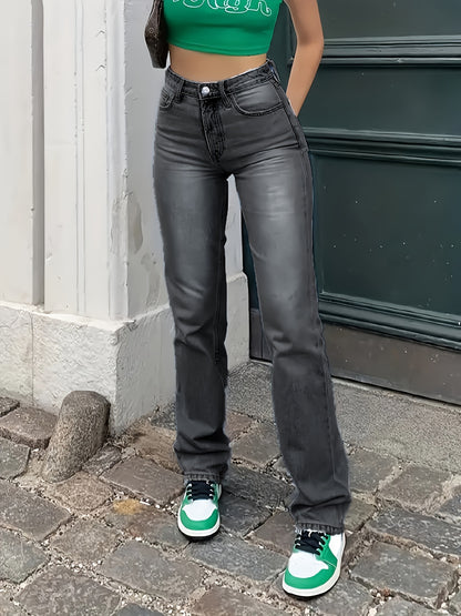 High Waist Light Washed Straight Jeans, Slash Pocket Casual Loose Fit Denim Pants, Women's Denim Jeans & Clothing