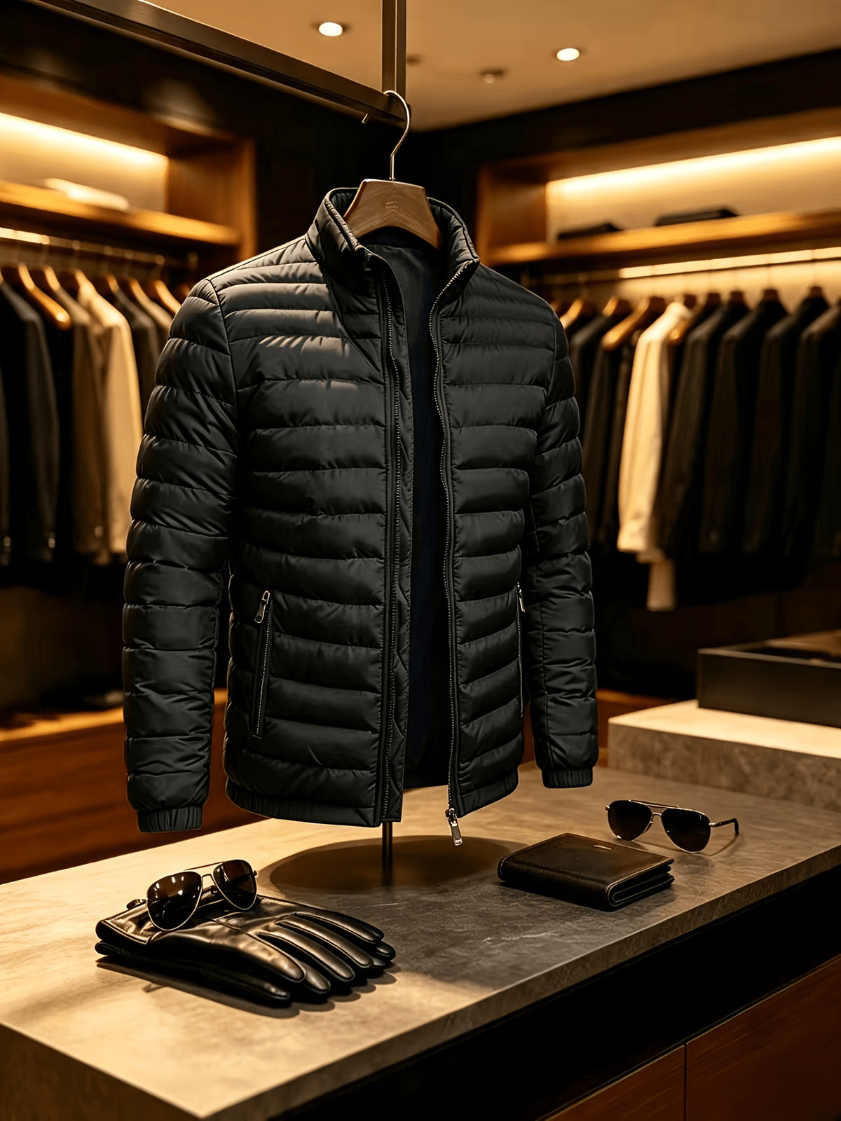 Men's Lightweight Quilted Zip-Up Jacket with Stand Collar