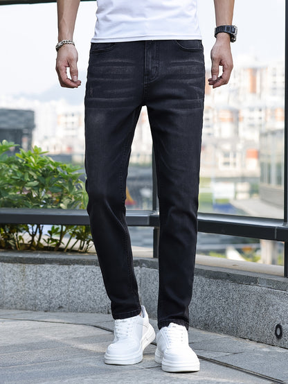 Men's Slim-Fit Stretch Denim Jeans - Casual Street Style, Mid-Rise, Light Blue, Comfortable & Versatile for All Seasons