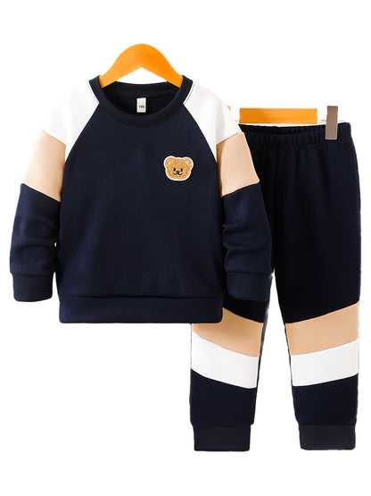 Աշնանային և ձմեռային կլոր վզնոցով սվիտեր՝ երկար թևքերով, եռագույն պատչվորք «Cute Bear» պիտակով, առօրյա, հարմարավետ, պարզ, նորաձև, բազմակողմանի, առօրյա տաբատների 2 հատանոց հավաքածու, իդեալական է բացօթյա օգտագործման համար