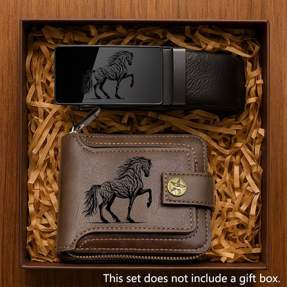 2pcs Men's Branch & Horse Wallet and Belt Combo - Elegant Collegiate Style Matching Wallet & Accessory Suitable for Daily & Professional Wear, Ideal Gift for Father's Day, Christmas, (Wallet and Belt)