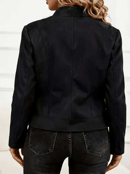 Plus Size Elegant Biker Jacket with Metallic Zipper for Spring/Fall