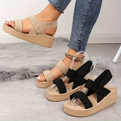 Women's Casual Wedge Sandals, Lightweight Open Toe Elastic Band Slip On Shoes, Summer Outdoor Beach Sandals