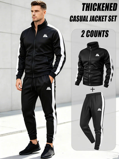 Men's Thickened Casual Sports Tracksuit Set with Zipper Jacket