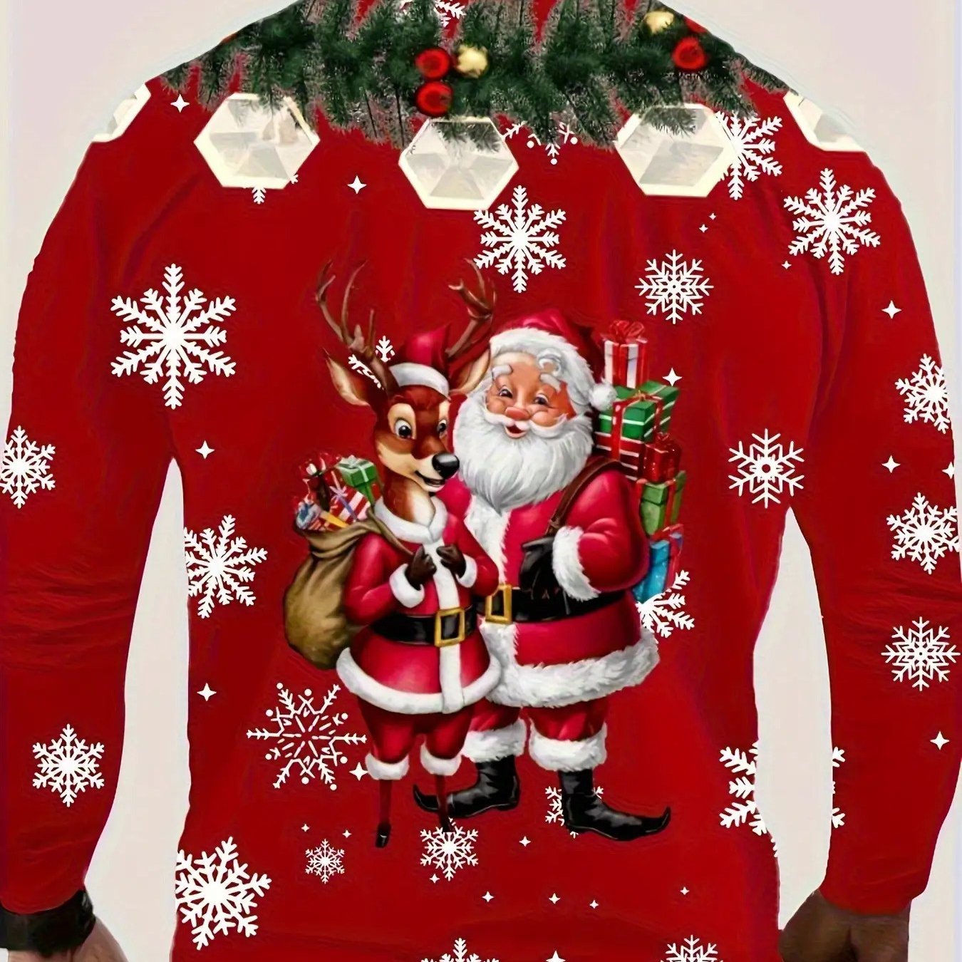 Men's Christmas Santa & Reindeer Print T-Shirt - Soft Stretchy Long Sleeve Casual Top with Elf Helper & Sleigh Design, Plus Size Holiday Party Wear, Machine Washable Red & White Snowflake Pattern Shirt, PLUS SIZE, Christmas S