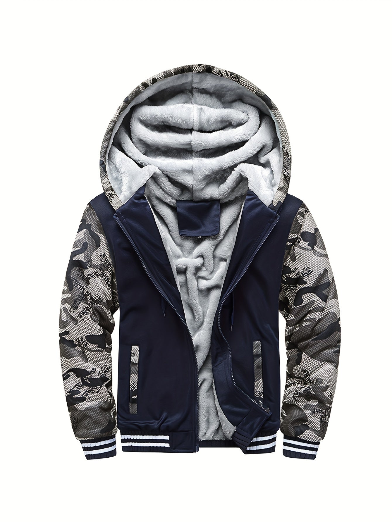 Color Block Sherpa Lined Men's Hooded Jacket, Casual Long Sleeve Hoodies With Zipper, Gym Sports Hooded Coat For Winter Fall