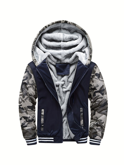 Color Block Sherpa Lined Men's Hooded Jacket, Casual Long Sleeve Hoodies With Zipper, Gym Sports Hooded Coat For Winter Fall