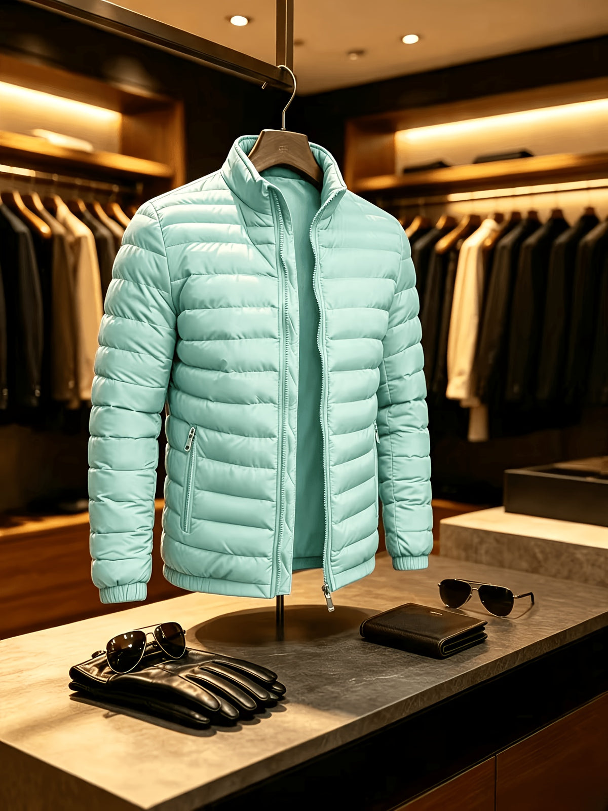 Men's Lightweight Quilted Zip-Up Jacket with Stand Collar
