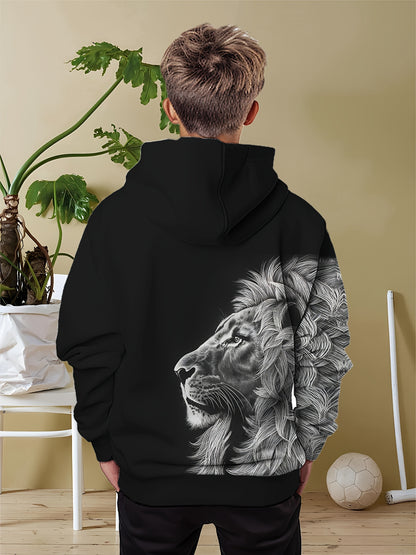 Տղաների 3D Lion Print Hoodie - Հարմարավետ պոլիեսթեր խառնուրդ, սովորական երկարաթև պուլովեր գլխարկով, լվացվող մեքենայով, կատարյալ գարնան և աշնան համար, հիմնական գլխարկով: