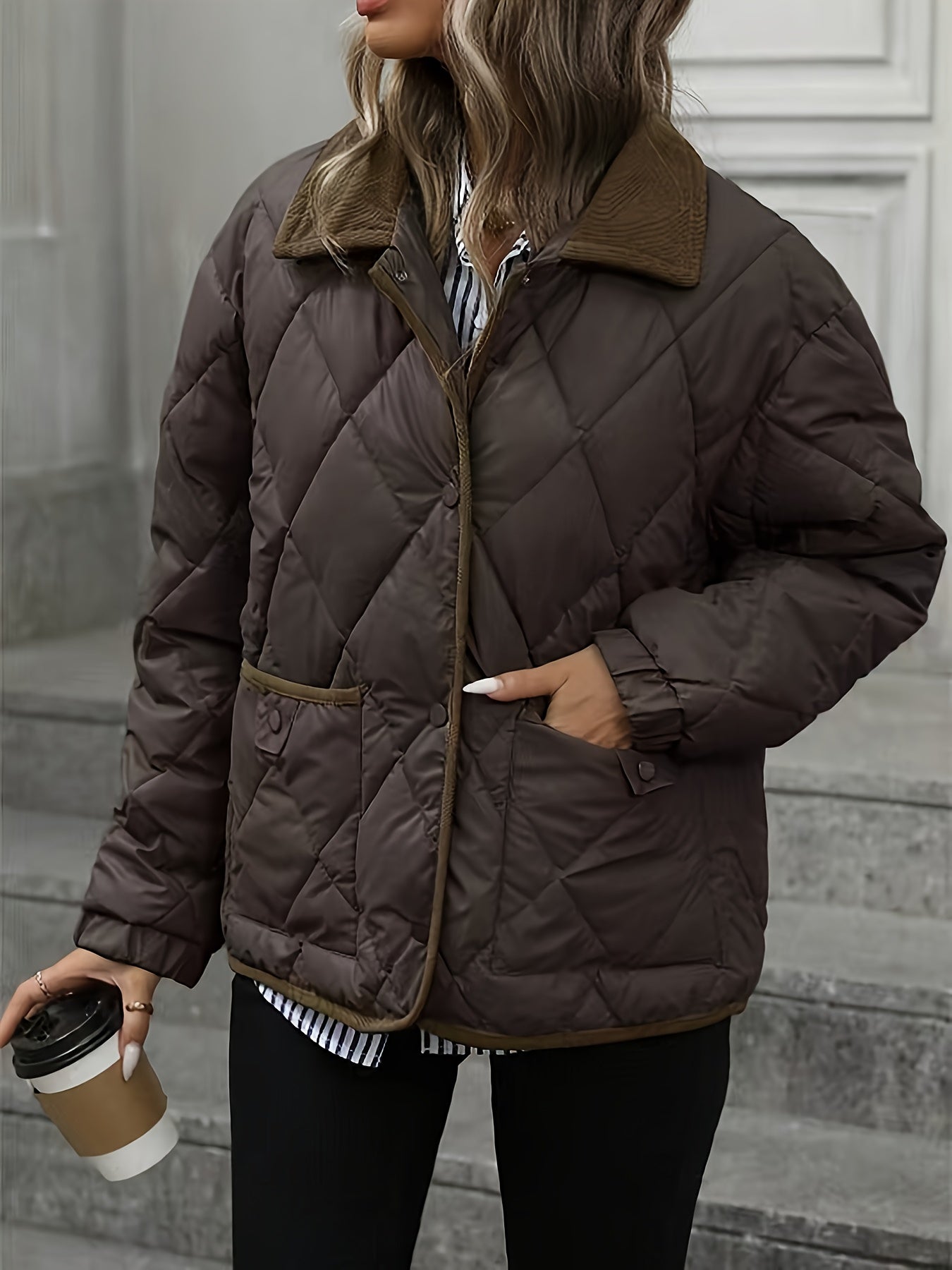 Ռոմբուսաձև նախշերով կանացի նորաձև վերնաշապիկ, օձիքով միահյուսված միաշերտ կարճ վերարկու, ձմեռ 2024, նորույթ, կոնտրաստային զարդանախշ, փոքր չափսի բաճկոն, նորաձև տաք, առօրյա վերնազգեստ, բարձր գնահատականներ ստացած