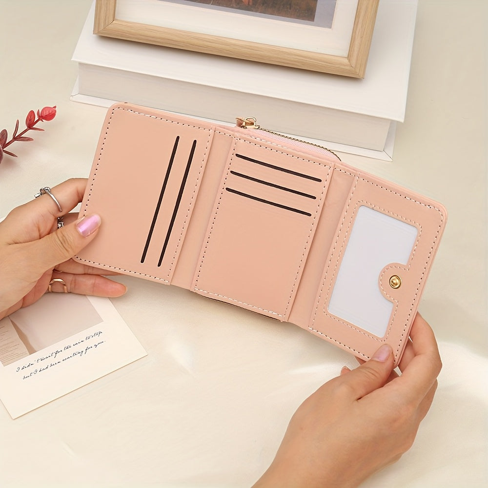 New Women'S Short Wallet, Cute Korean-Style Heart-Shaped, Large Capacity with Multiple Card Slots, Trendy Tri-Fold Design.