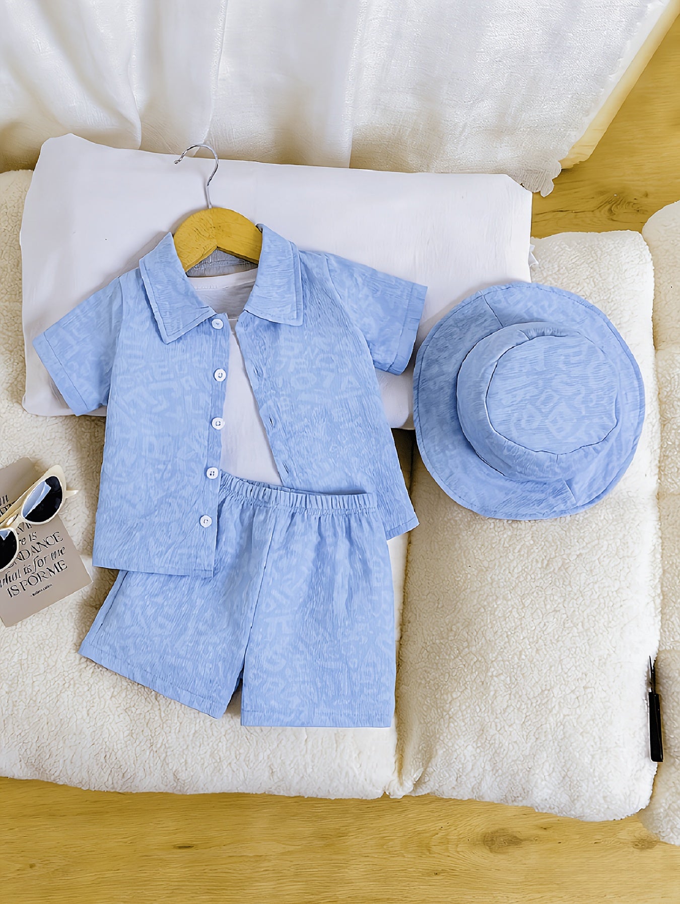 Boys' Summer Casual 3D Letter Print Shirt & Shorts Set with Hat