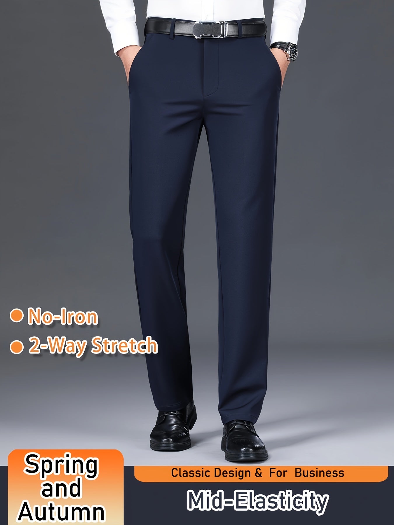 Men's Solid Color Dress Pants, Classic Design Slightly Stretch Formal Dress Pants For Business Occasions, Spring And Fall