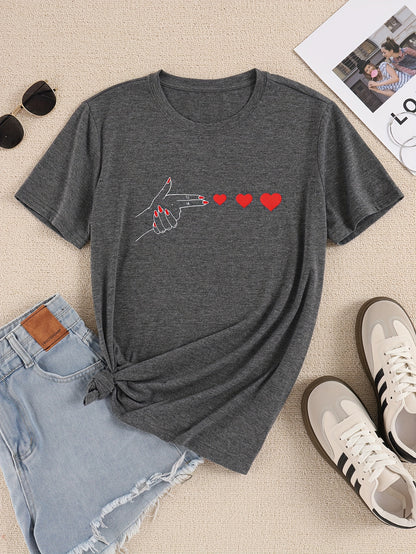 Women's Casual Athletic T-Shirt, Graphic Heart Print, Short Sleeve, Round Neck, Summer & Spring Fashion