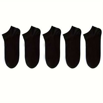 5/10/12 Pairs Unisex Comfort Ankle Socks - Soft Black Polyester Blend, Solid Color Low-Cut Design for Men & Women, Machine Washable, Cute Socks