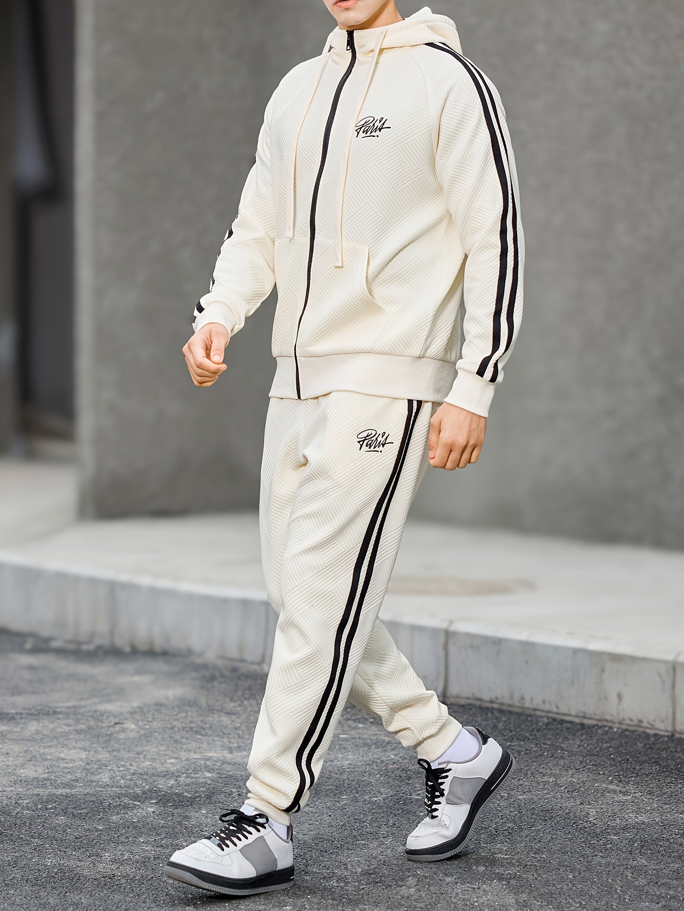 Men's Spring & Fall Jacquard Embroidered Striped Tracksuit Set - 2pcs Zip-Up Hoodie & Pants for Daily Wear, Sports & Outdoor Trips