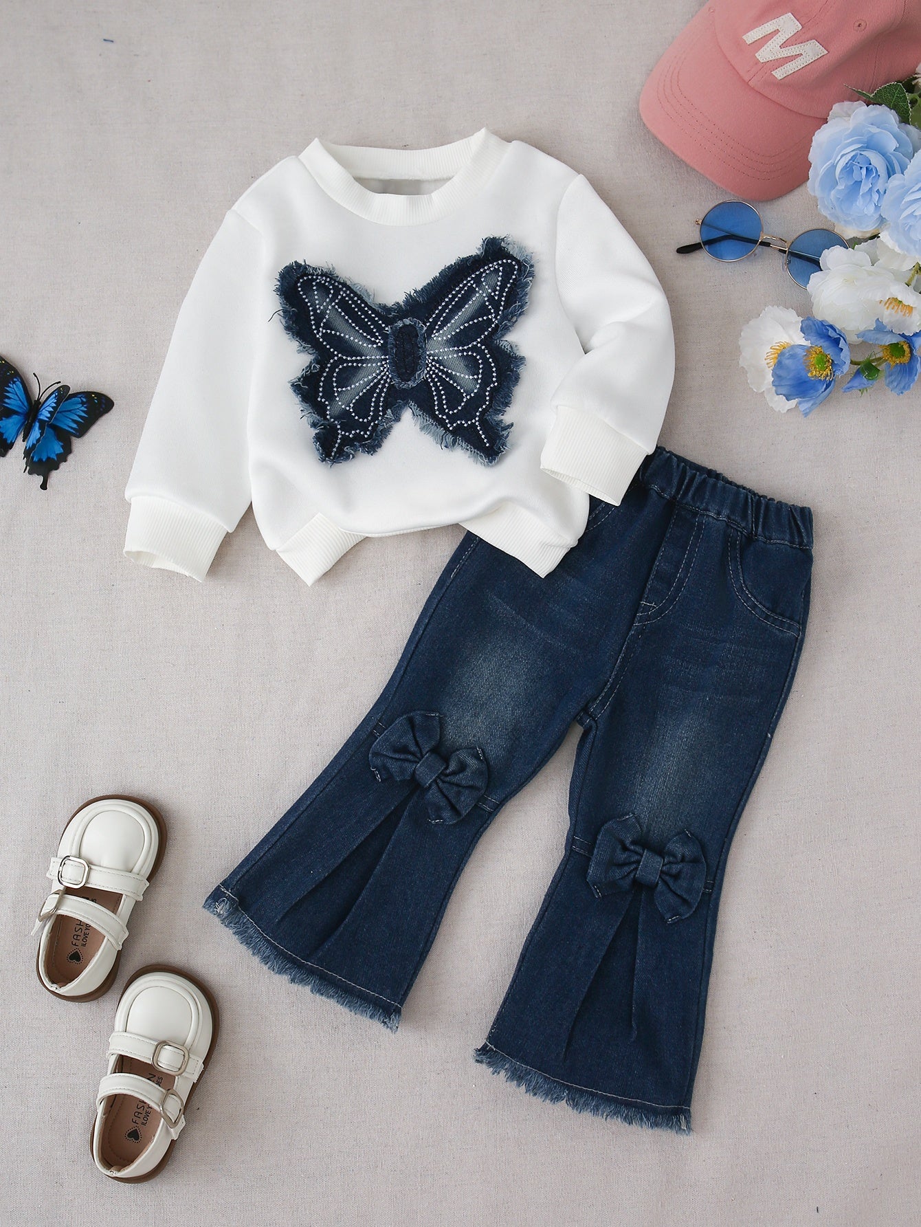 Casual White Embroidered Butterfly Sweatshirt & Flared Denim Jeans for
