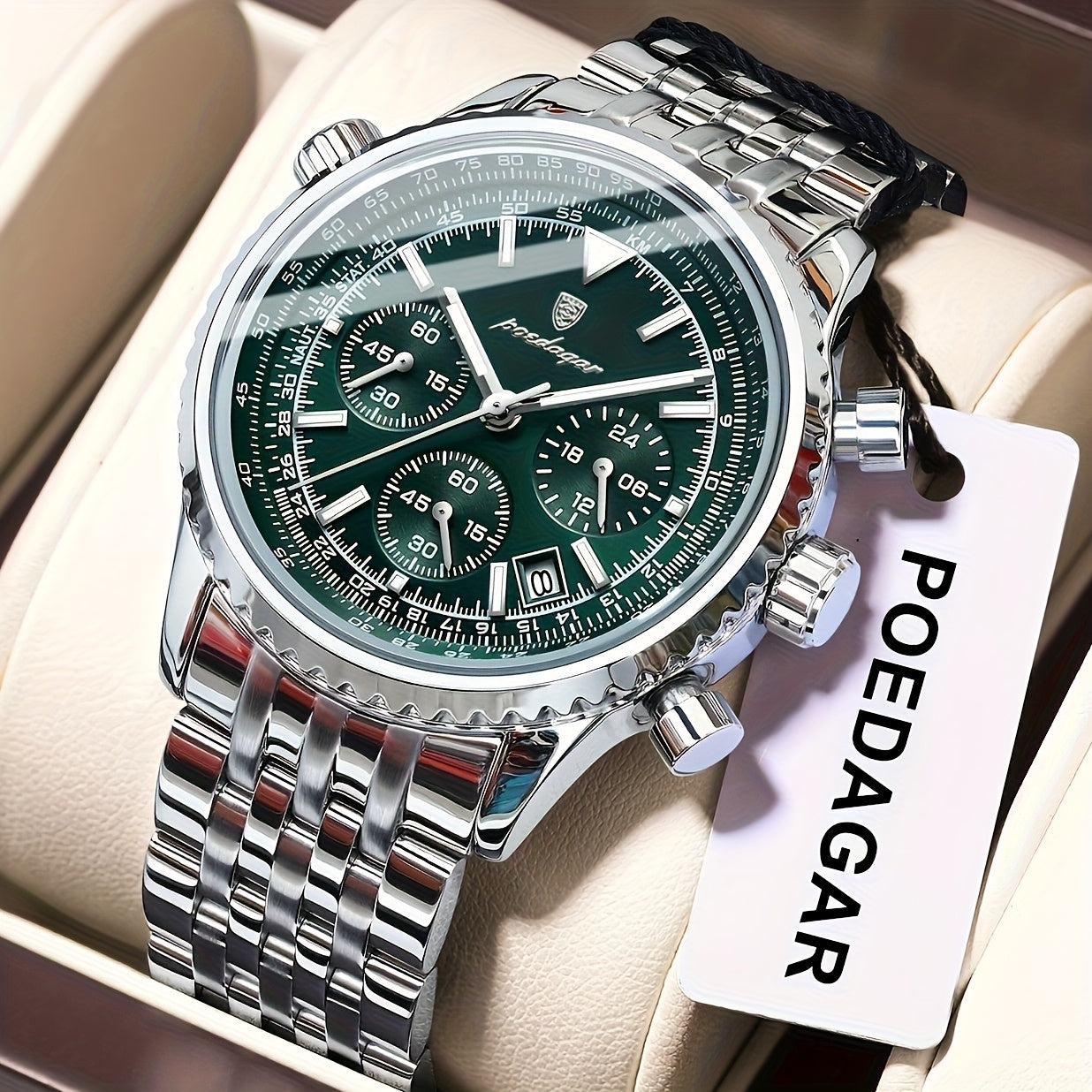 Luxury Stainless Steel Chronograph Watch with Green Dial
