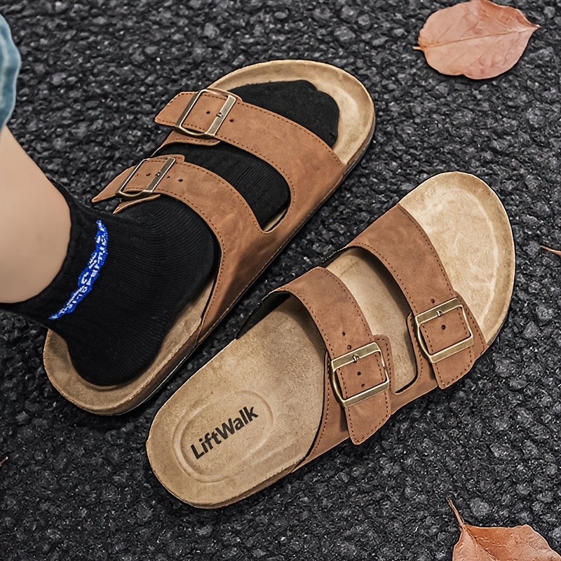 Men's Casual Outdoor Slip-On Sandals with Cork Sole and Double Buckles