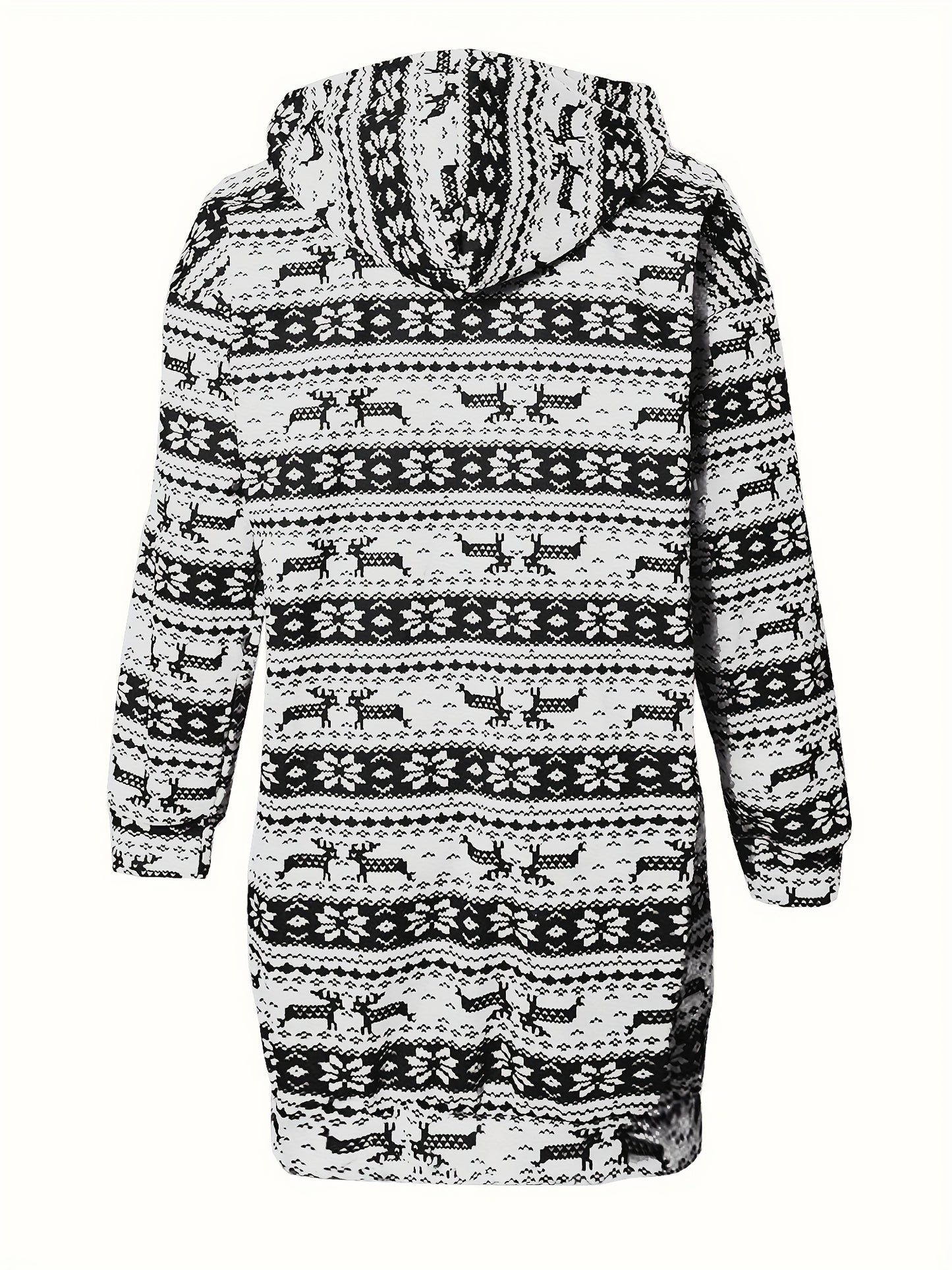 Women'S Christmas Deer & Snowflake Print Hooded Sweater Dress - Long Sleeve Winter Warmth, Red & Holiday Party Outfit with Pompom Sleeves