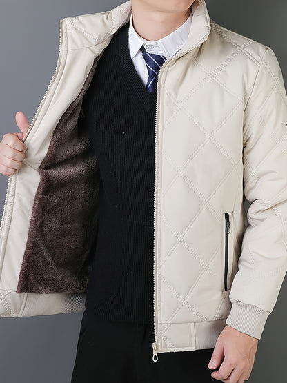 Men's Quilted Fleece Jacket with Stand Collar & Full-Zip Closure - Thick Winter Coat, Black/Brown & Warm Lining, Casual Outdoor Winter Wear for Skiing,, Cold Weather (Hand Wash/Dry Clean)