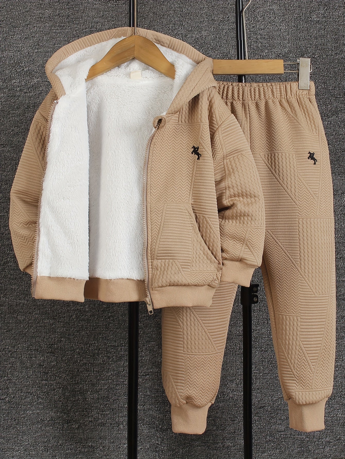 Cozy Fleece Zip-Up Hoodie & Pants Set - Beige Geometric Pattern, Long Sleeve Casual Winter Outfit with Pockets, Elastic Waistband, and Button-Up Front, Perfect for Fall/Winter, Cozy Clothing | Playful Design | Elastic Waistba