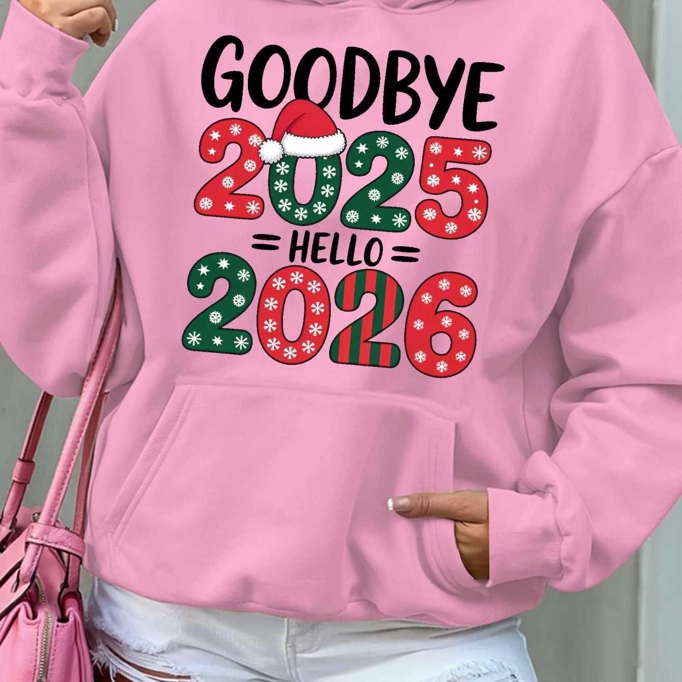 Women'S Hoodie - Goodbye 2025 Hello 2026 Sweatshirt with Christmas Countdown Design, Beige Pullover Hoodie, Front Pocket for Fall/Winter, Cozy Long Sleeve Sweater for New Year'S Eve & Everyday Winter Outfits - Perfect Gift fo