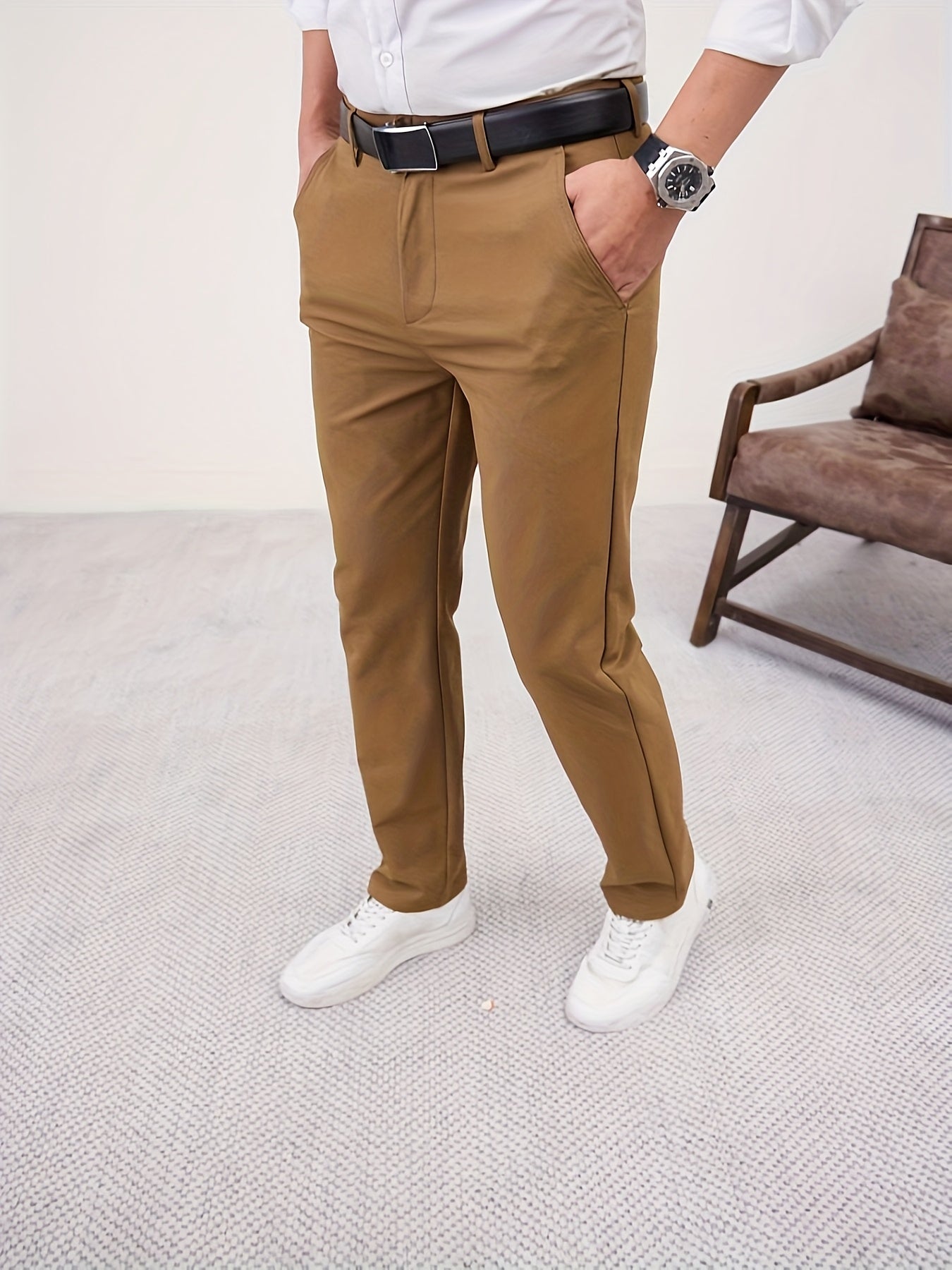 Men'S Casual Solid Color Regular Length Slight Stretch Woven Fabric Pants for Adult