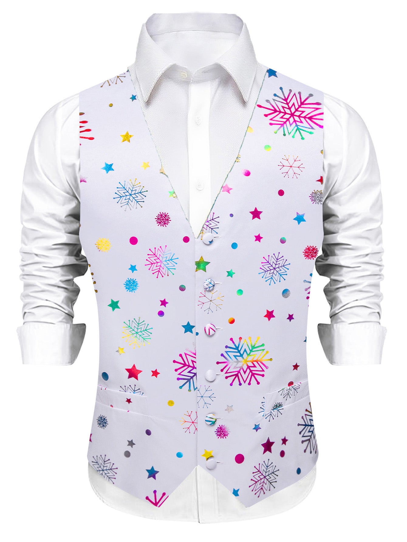 DOCAPEITON Men'S Christmas Vest - Formal & Casual Holiday Party Outfit with Button Front Closure, Non-Stretch Fabric - Green & Golden Snowflake, Tree, Firework Designs - Perfect for Xmas, New Year's, Weddings - Adult Men'S Fe