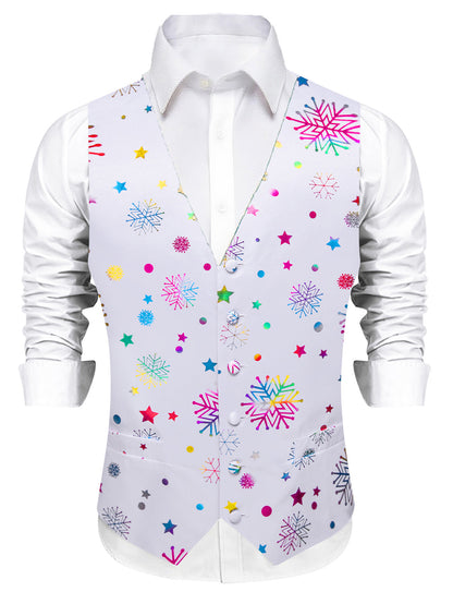 DOCAPEITON Men'S Christmas Vest - Formal & Casual Holiday Party Outfit with Button Front Closure, Non-Stretch Fabric - Green & Golden Snowflake, Tree, Firework Designs - Perfect for Xmas, New Year's, Weddings - Adult Men'S Fe