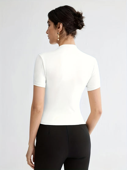 Elegant White Short Sleeve Turtleneck Top with Button Detail - Versatile Summer Blouse for Women, Casual Attire|Minimalist Style|Sleek Fit