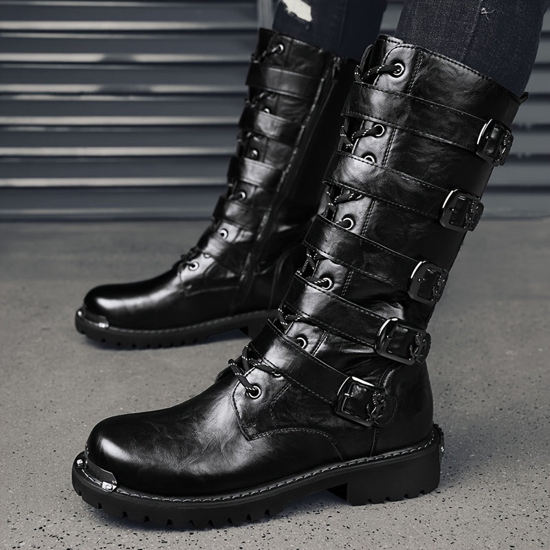 Men's Stylish PU Leather Boots with Zipper and Buckle