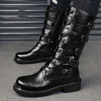 Men's Stylish PU Leather Boots with Zipper and Buckle