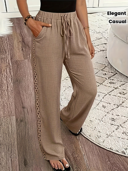 Women's Casual Straight Leg Polyester Trousers with Ruffle Detail