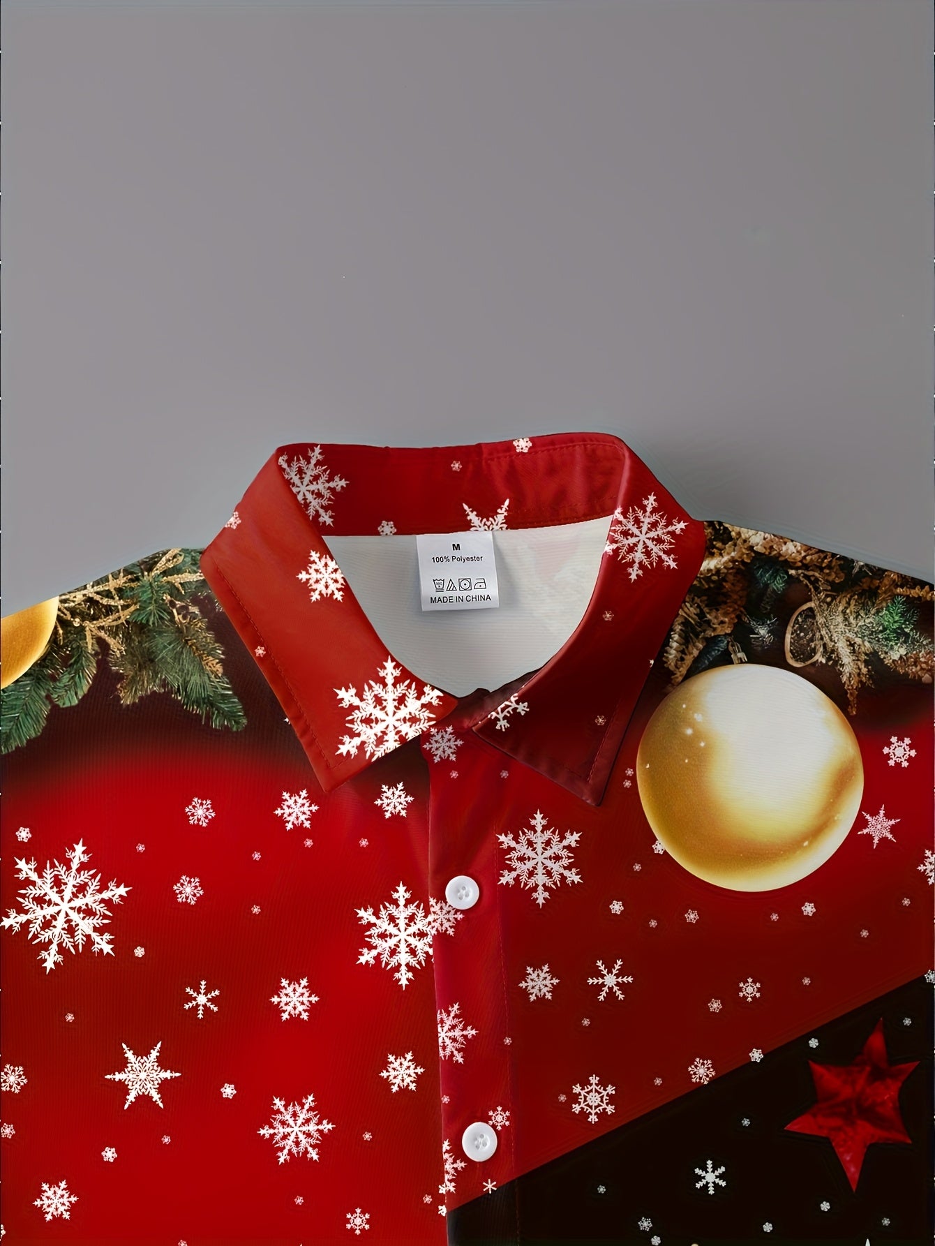 Men's Christmas Party Shirt with Red & Black Snowflake Pine Tree Print - Golden Button-Front Long Sleeve Dress Shirt, Stand Collar Casual Blazer-like Top for Holiday Events, Winter Celebrations & Xmas Gatherings (Machine Wash