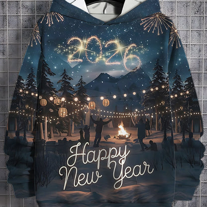 Men'S 2026 New Year'S Eve Bonfire Fireworks Hooded Sweatshirt - 100% Polyester, Sporty & Functional Style with Happy New Year Print, Casual Pullover for Fitness & Outdoor, New Year Sweatshirt, Outdoor Clothing, Sporty Design,
