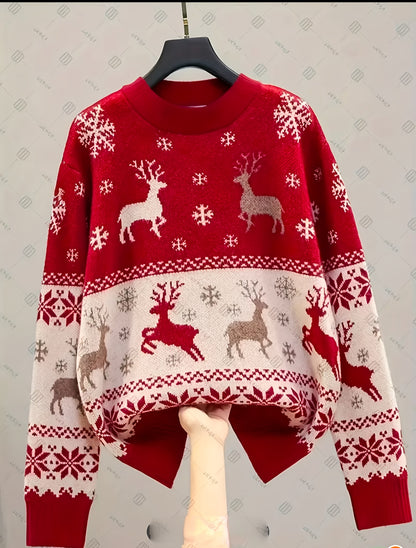 Women's Elegant Red & White Winter Sweater with Nordic Reindeer & Snowflake Pattern - Cozy Sweater for Christmas, New Year's Eve, Valentine's Day - Machine Washable Long Sleeve Round Neck Sweater in Red, White, Brown & Black