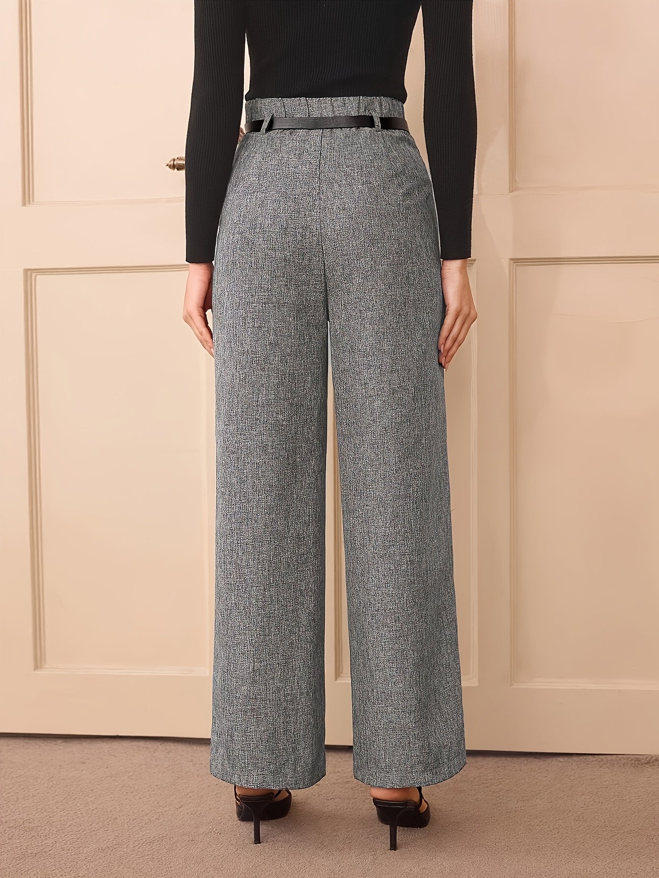 Large Elegant High-Waist Gray Wide Leg Pants for Women - Polyester Blend, Casual Straight Cut, Non-Stretch Solid Color, Long with Button Detail, All-Season Wear