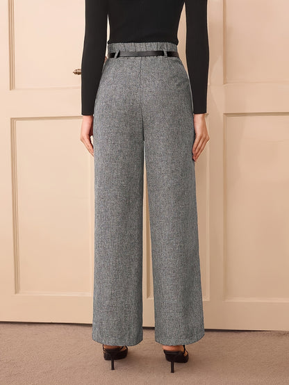 Large Elegant High-Waist Gray Wide Leg Pants for Women - Polyester Blend, Casual Straight Cut, Non-Stretch Solid Color, Long with Button Detail, All-Season Wear
