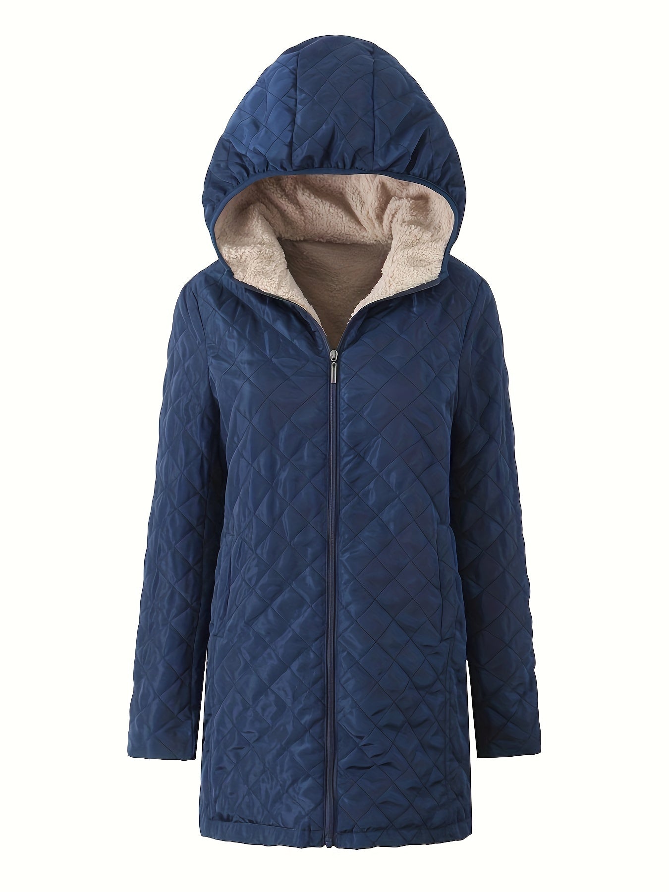 Women's Plus Size Quilted Hooded Jacket - Warm, Casual Long Coat with Faux Fur Trim, Zipper Closure, and Diamond Pattern Stitching - Ideal for Winter Outdoor Activities, Cold Weather Apparel|Hooded Coat|Soft Texture, Winter C