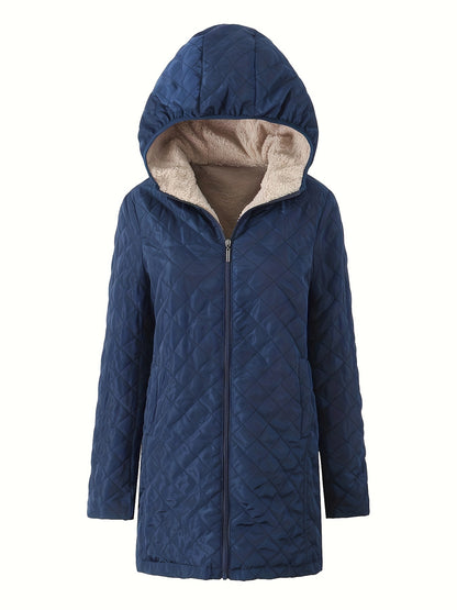 Women's Plus Size Quilted Hooded Jacket - Warm, Casual Long Coat with Faux Fur Trim, Zipper Closure, and Diamond Pattern Stitching - Ideal for Winter Outdoor Activities, Cold Weather Apparel|Hooded Coat|Soft Texture, Winter C